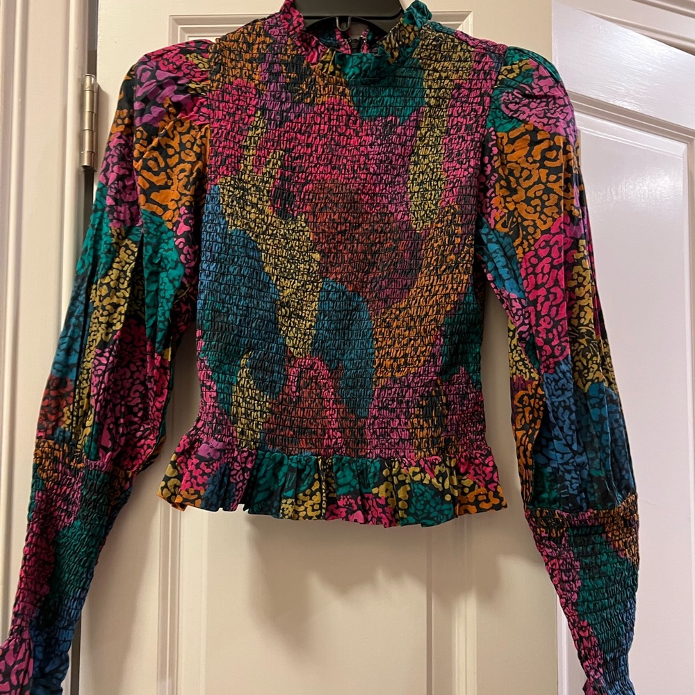 FARM Rio Multicolor Smocked Long Sleeve Top — Pink, Teal, Mustard, Blue